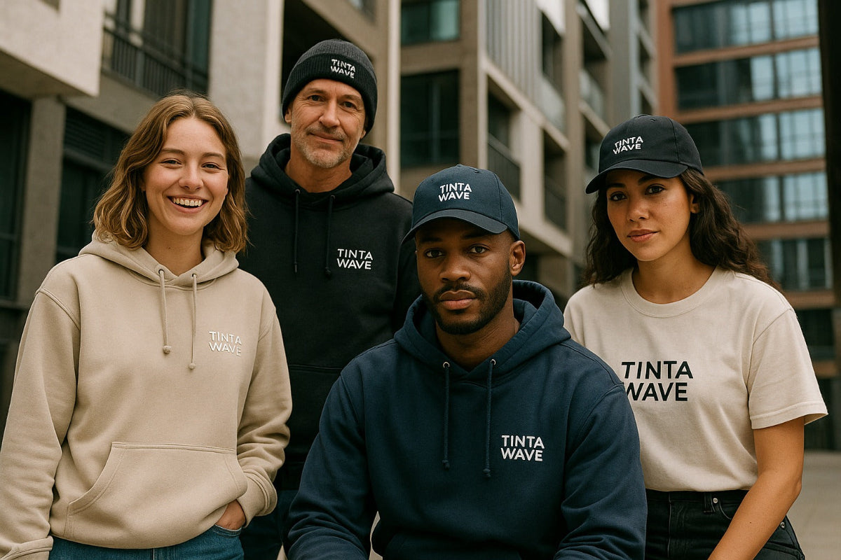 Four people wearing Tinta Wave branded clothing standing together outdoors.