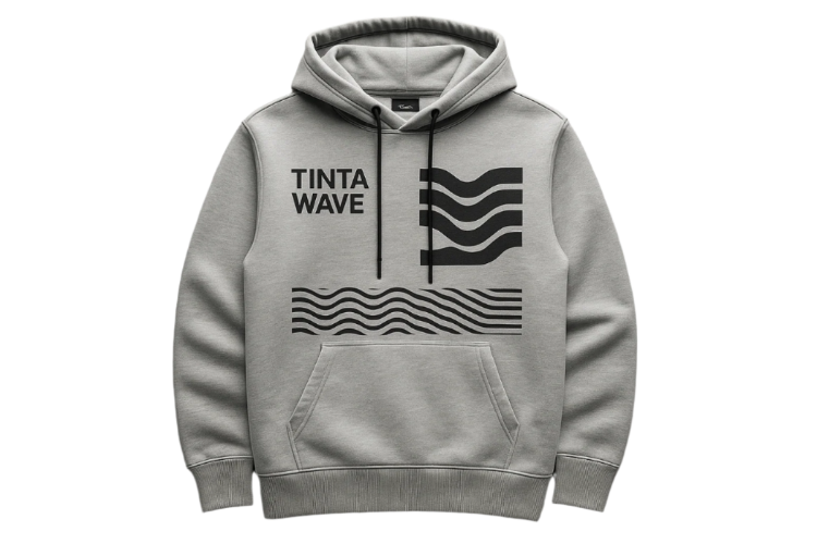 Gray hoodie with black graphics and text on a light gray background